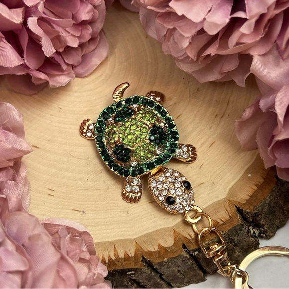 Green and Silver Crystal Turtle Keychain Charm - Picture 12 of 16